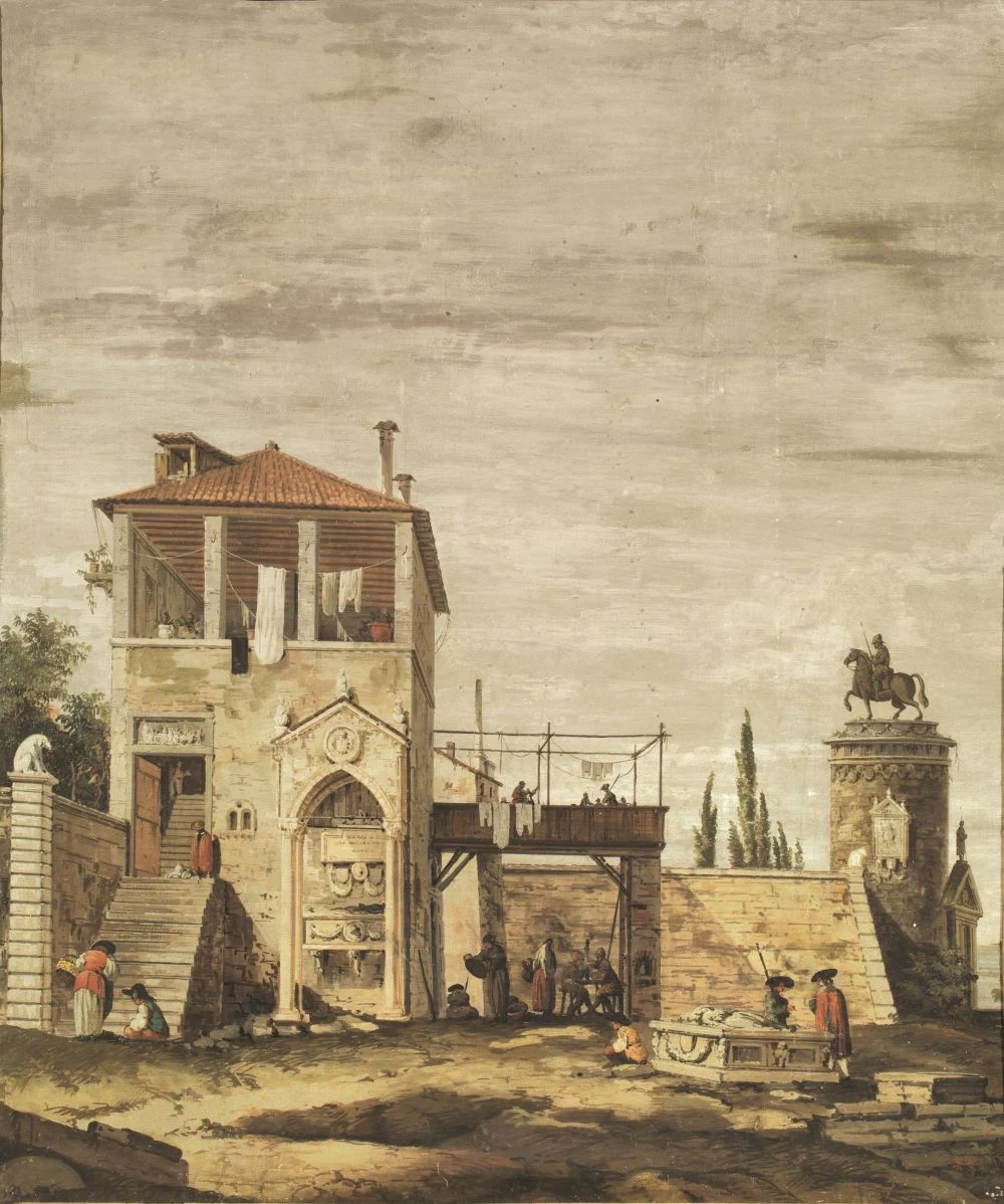 Paesaggio con villa e monumeto - attribuito